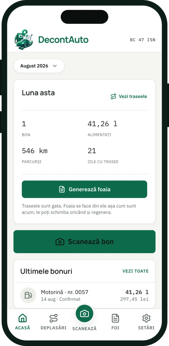 Telefon cu aplicația DecontAuto deschisă pe luna august: 1 bon, 41,26 litri alimentați, 546 km parcurși în 21 de zile, bonul de motorină confirmat și butonul „Generează foaia”.