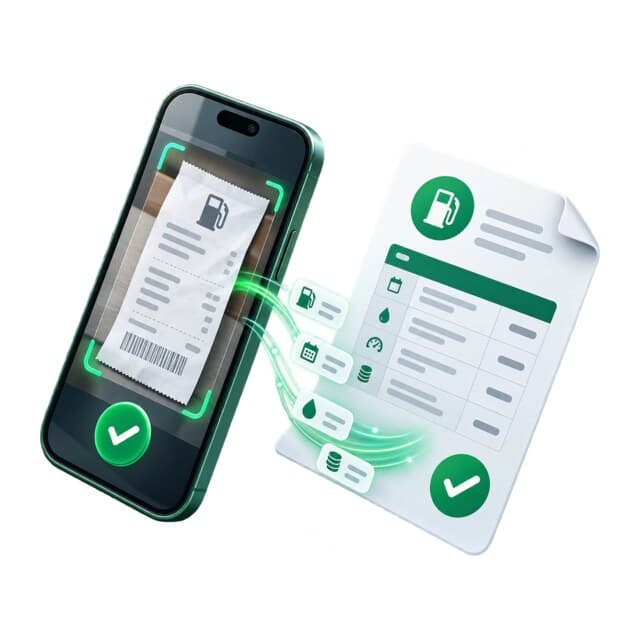 Ilustrație: un telefon citește un bon, iar datele trec pe o foaie de parcurs bifată.